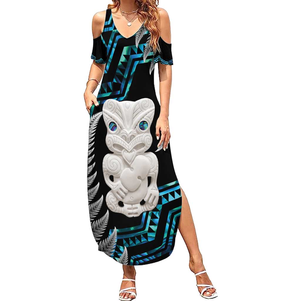 Aotearoa Taniko Paua Shell With Hei Tiki Summer Maxi Dress LT14 Women Black - Polynesian Pride