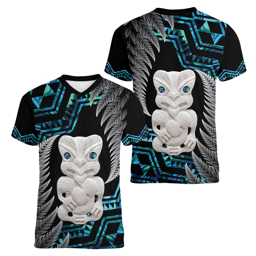 Aotearoa Taniko Paua Shell With Hei Tiki Women V-Neck T-Shirt LT14 - Polynesian Pride