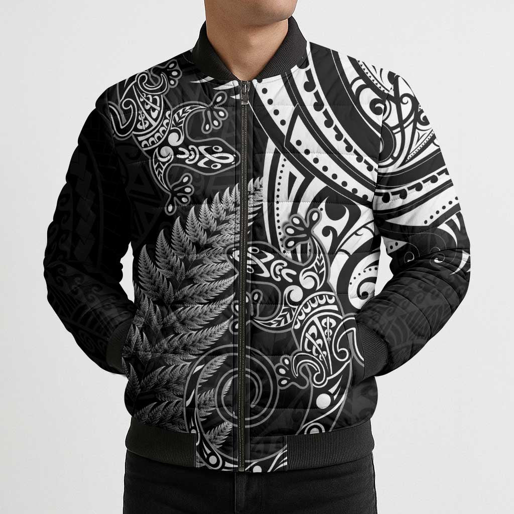 New Zealand Lizard Bomber Puffer Jacket Silver Fern Aotearoa Maori - Polynesian Pride