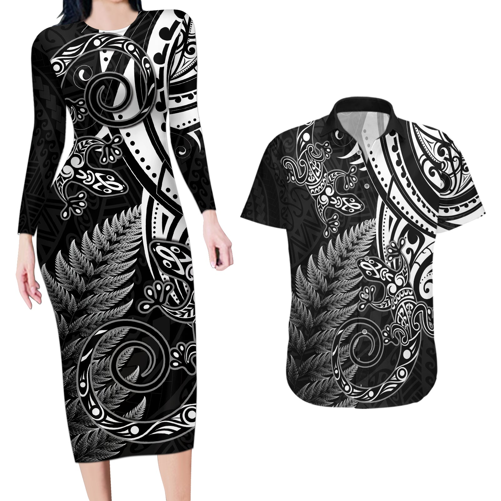 New Zealand Lizard Couples Matching Long Sleeve Bodycon Dress and Hawaiian Shirt Silver Fern Aotearoa Maori LT14 Black - Polynesian Pride