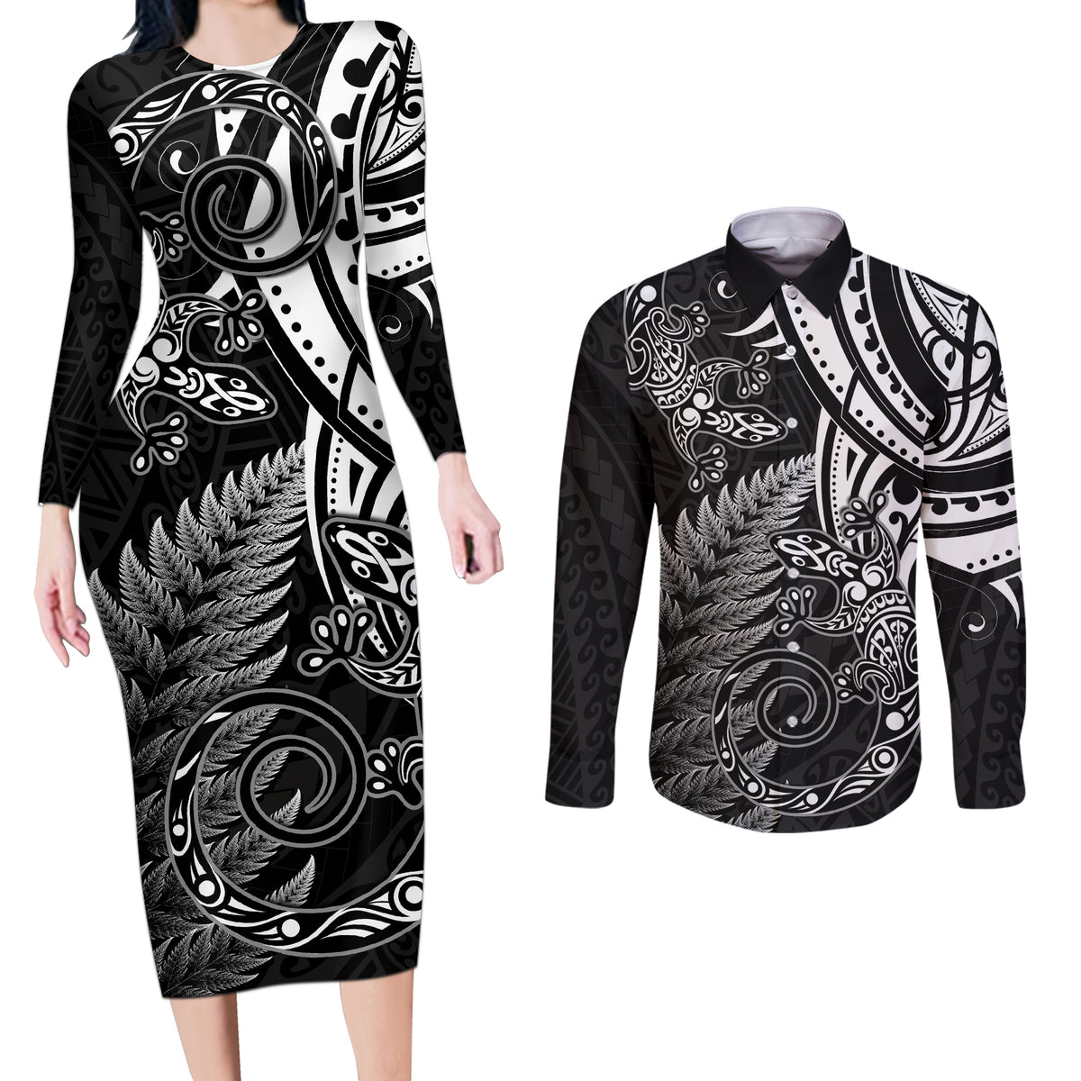 New Zealand Lizard Couples Matching Long Sleeve Bodycon Dress and Long Sleeve Button Shirt Silver Fern Aotearoa Maori LT14 Black - Polynesian Pride