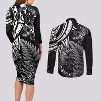 New Zealand Lizard Couples Matching Long Sleeve Bodycon Dress and Long Sleeve Button Shirt Silver Fern Aotearoa Maori LT14 - Polynesian Pride