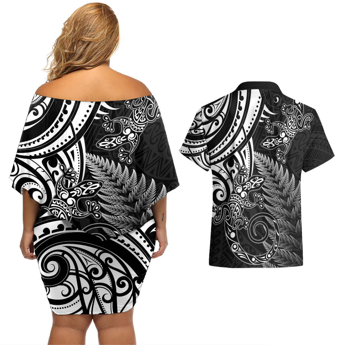 New Zealand Lizard Couples Matching Off Shoulder Short Dress and Hawaiian Shirt Silver Fern Aotearoa Maori LT14 - Polynesian Pride