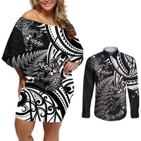 New Zealand Lizard Couples Matching Off Shoulder Short Dress and Long Sleeve Button Shirt Silver Fern Aotearoa Maori LT14 Black - Polynesian Pride