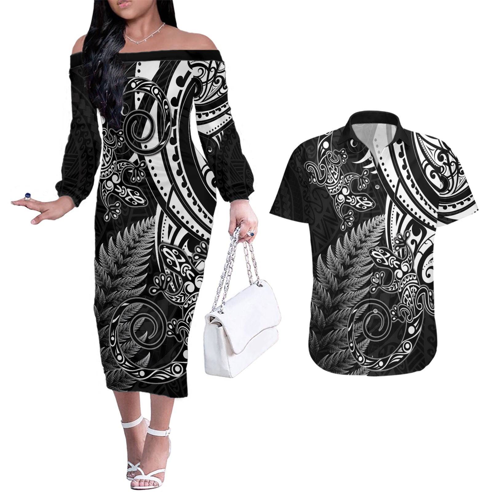 New Zealand Lizard Couples Matching Off The Shoulder Long Sleeve Dress and Hawaiian Shirt Silver Fern Aotearoa Maori LT14 Black - Polynesian Pride