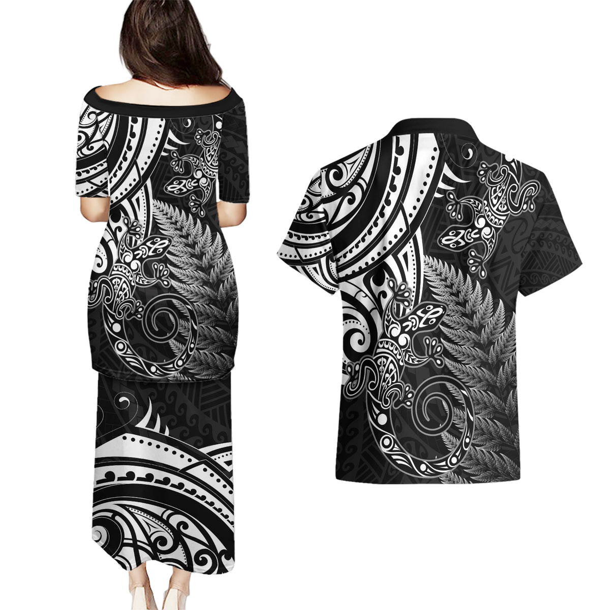 New Zealand Lizard Couples Matching Puletasi and Hawaiian Shirt Silver Fern Aotearoa Maori LT14 - Polynesian Pride