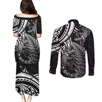 New Zealand Lizard Couples Matching Puletasi and Long Sleeve Button Shirt Silver Fern Aotearoa Maori LT14 - Polynesian Pride