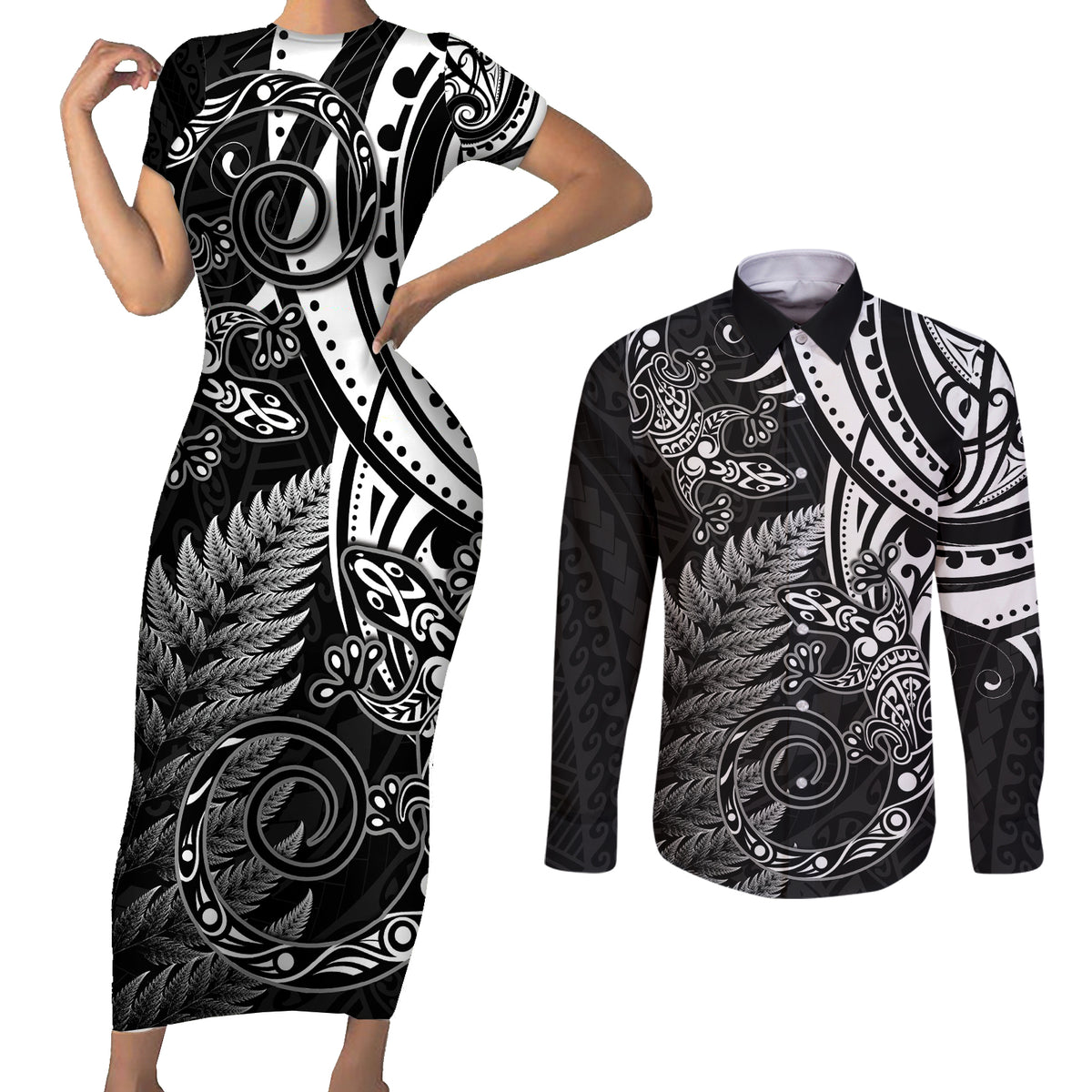 New Zealand Lizard Couples Matching Short Sleeve Bodycon Dress and Long Sleeve Button Shirt Silver Fern Aotearoa Maori LT14 Black - Polynesian Pride