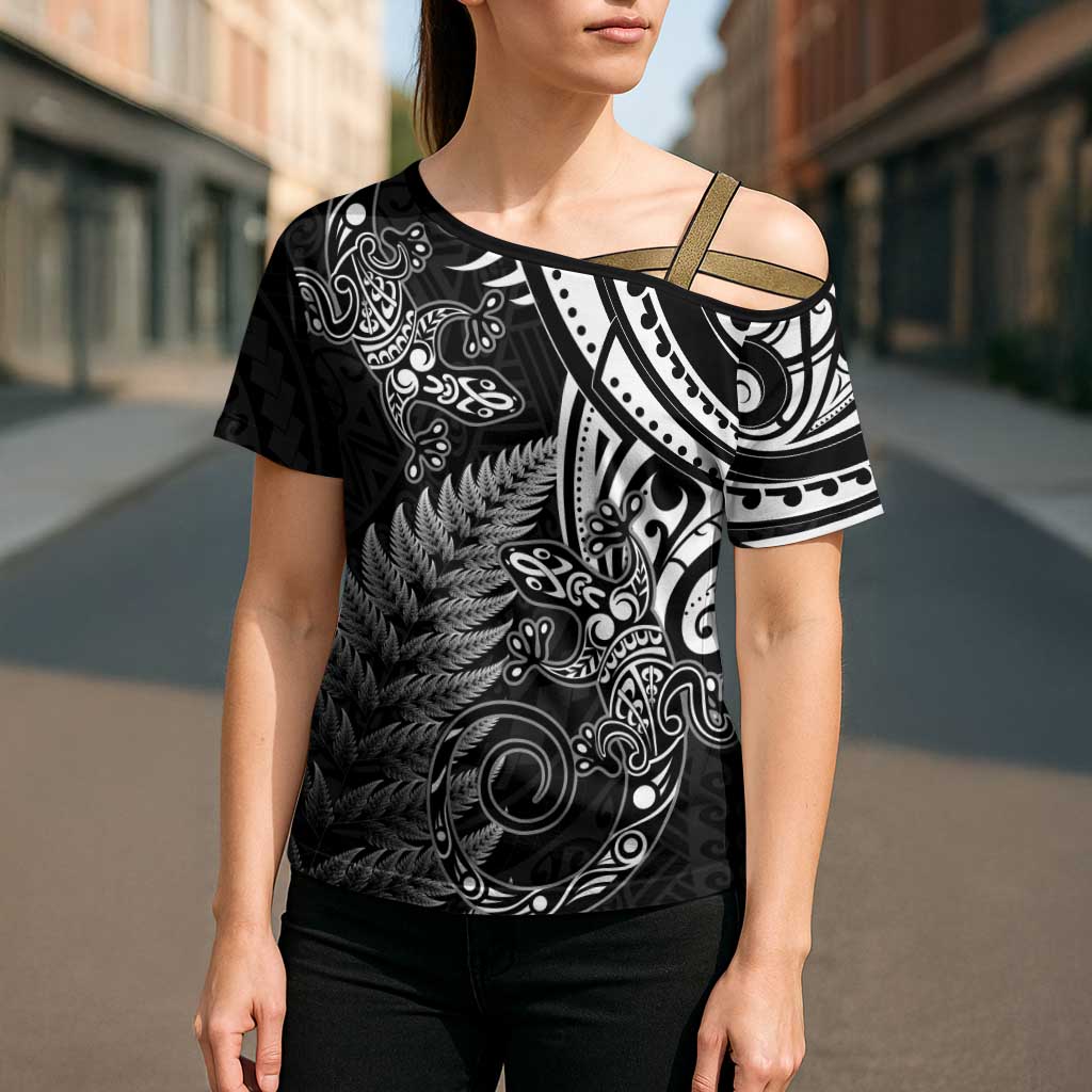 New Zealand Lizard Cross Shoulder Shirt Silver Fern Aotearoa Maori - Polynesian Pride