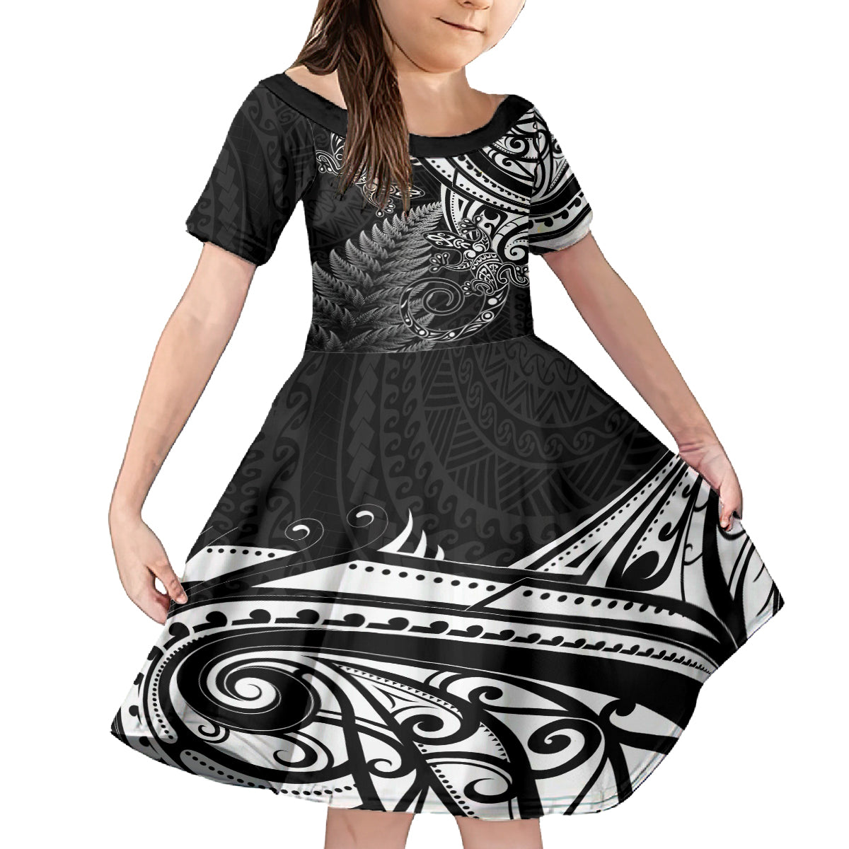 New Zealand Lizard Family Matching Long Sleeve Bodycon Dress and Hawaiian Shirt Silver Fern Aotearoa Maori LT14 Daughter's Dress Black - Polynesian Pride