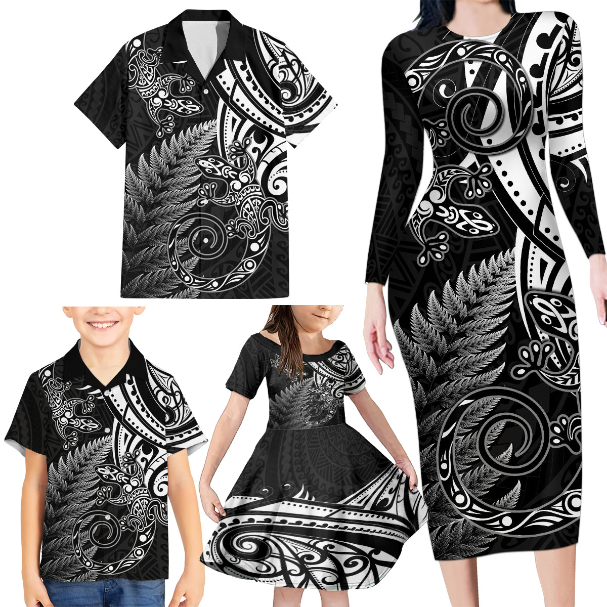 New Zealand Lizard Family Matching Long Sleeve Bodycon Dress and Hawaiian Shirt Silver Fern Aotearoa Maori LT14 - Polynesian Pride