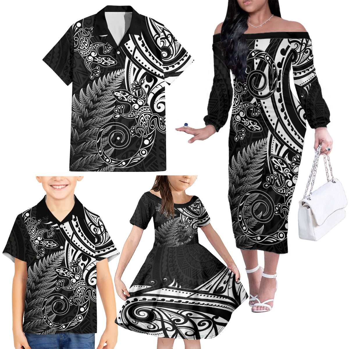 New Zealand Lizard Family Matching Off The Shoulder Long Sleeve Dress and Hawaiian Shirt Silver Fern Aotearoa Maori LT14 - Polynesian Pride