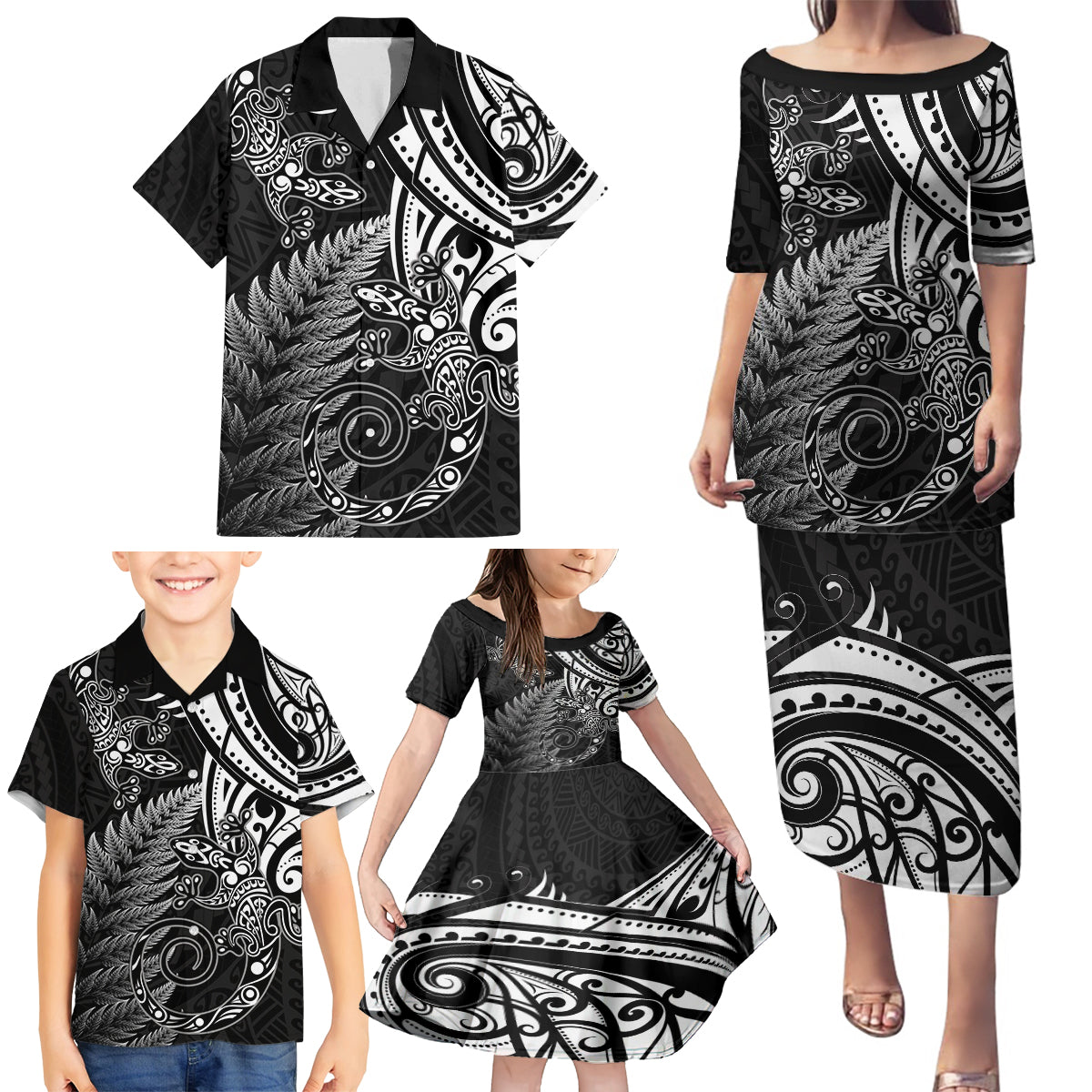 New Zealand Lizard Family Matching Puletasi and Hawaiian Shirt Silver Fern Aotearoa Maori LT14 - Polynesian Pride