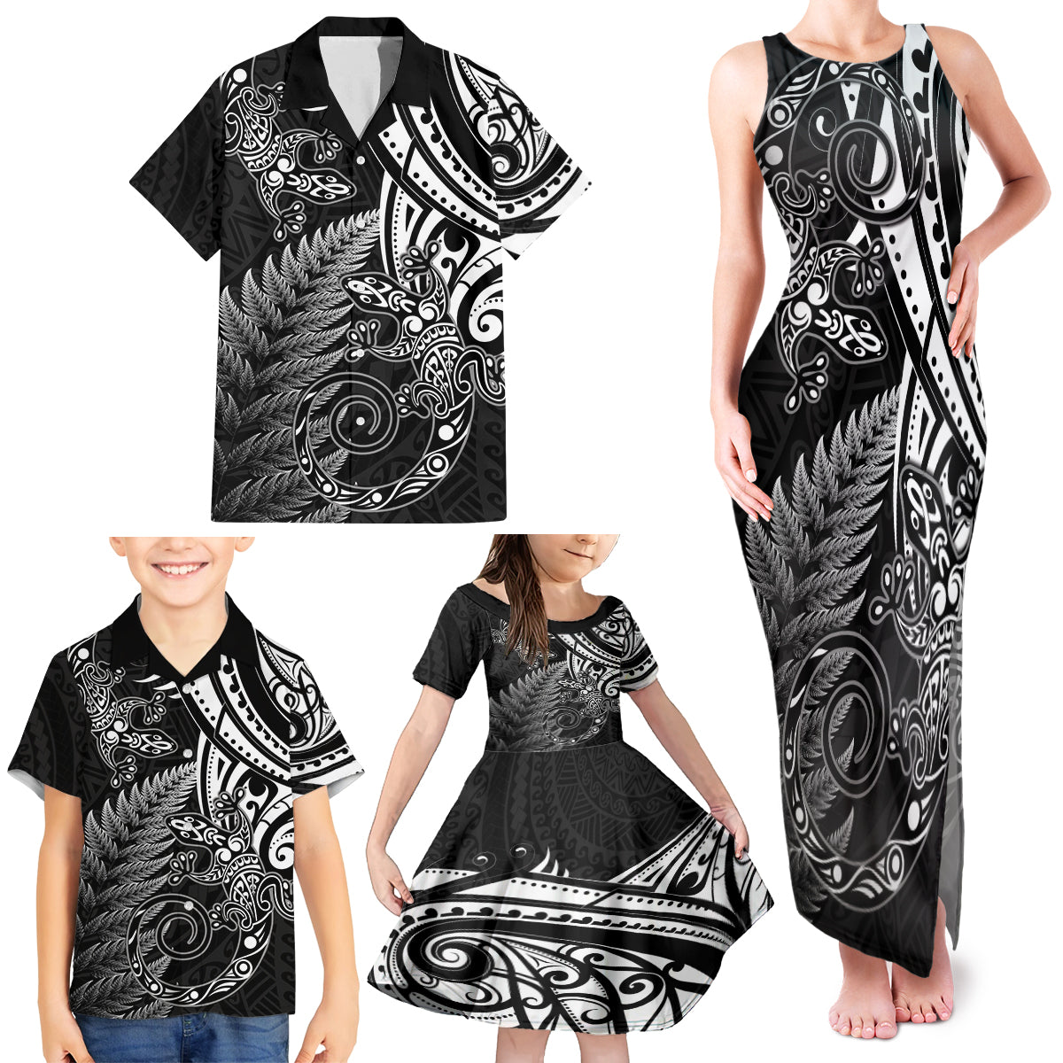 New Zealand Lizard Family Matching Tank Maxi Dress and Hawaiian Shirt Silver Fern Aotearoa Maori LT14 - Polynesian Pride