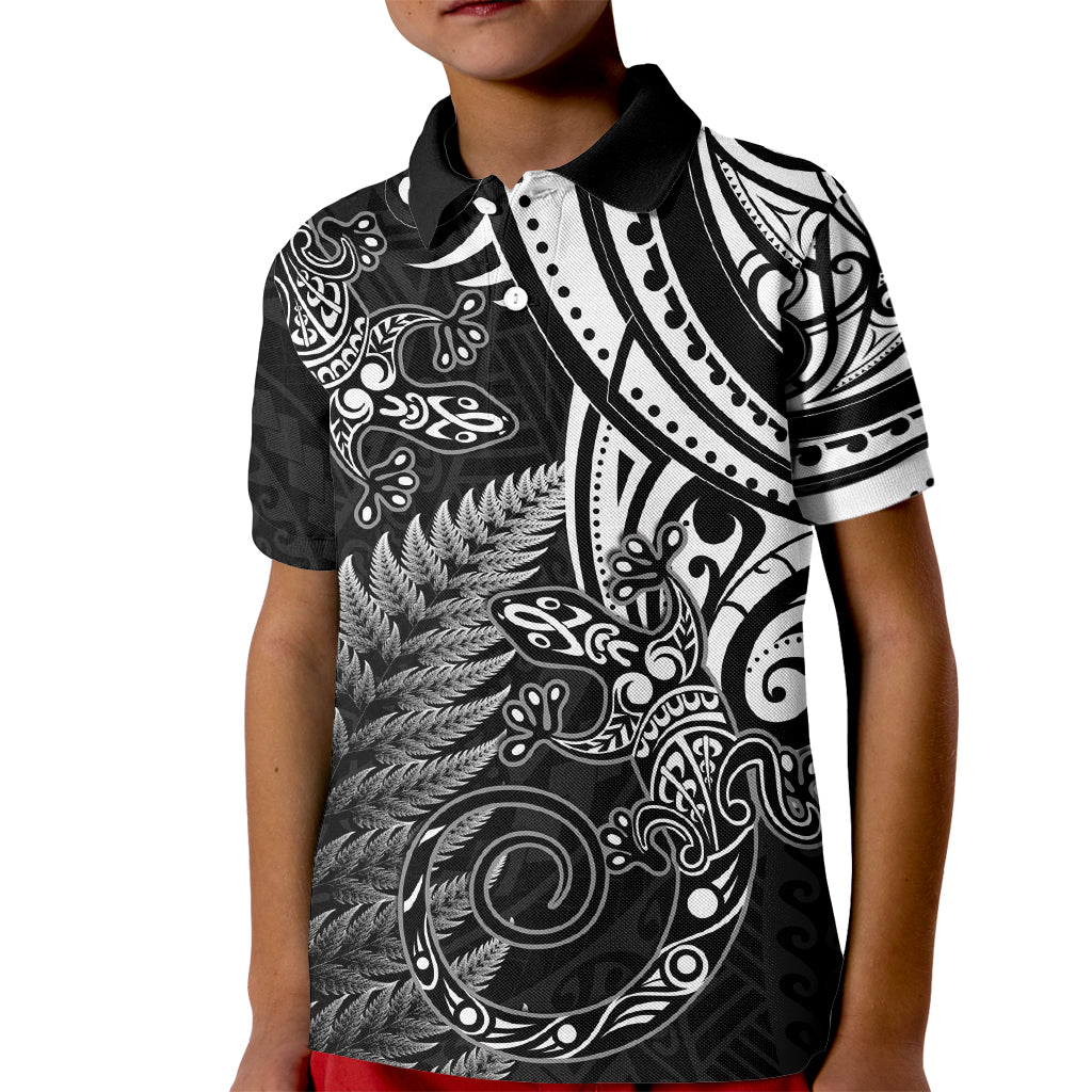 New Zealand Lizard Kid Polo Shirt Silver Fern Aotearoa Maori LT14 Kid Black - Polynesian Pride