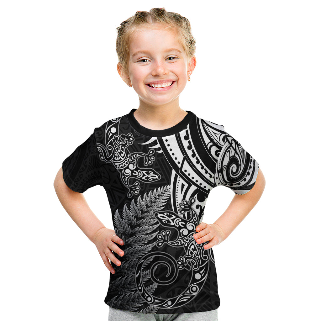 New Zealand Lizard Kid T Shirt Silver Fern Aotearoa Maori LT14 Black - Polynesian Pride