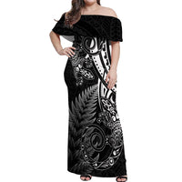 New Zealand Lizard Off Shoulder Maxi Dress Silver Fern Aotearoa Maori LT14 Women Black - Polynesian Pride