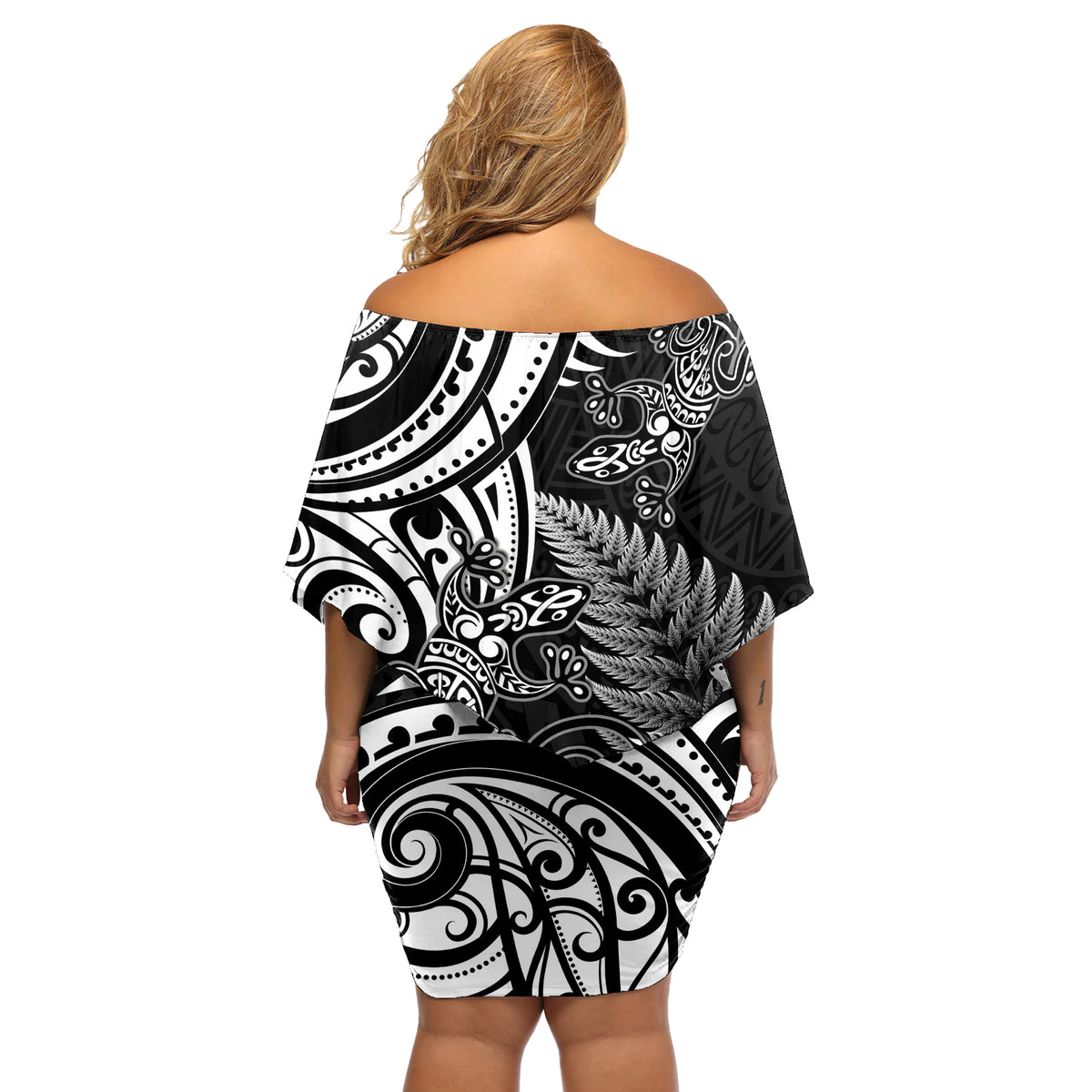 New Zealand Lizard Off Shoulder Short Dress Silver Fern Aotearoa Maori LT14 - Polynesian Pride