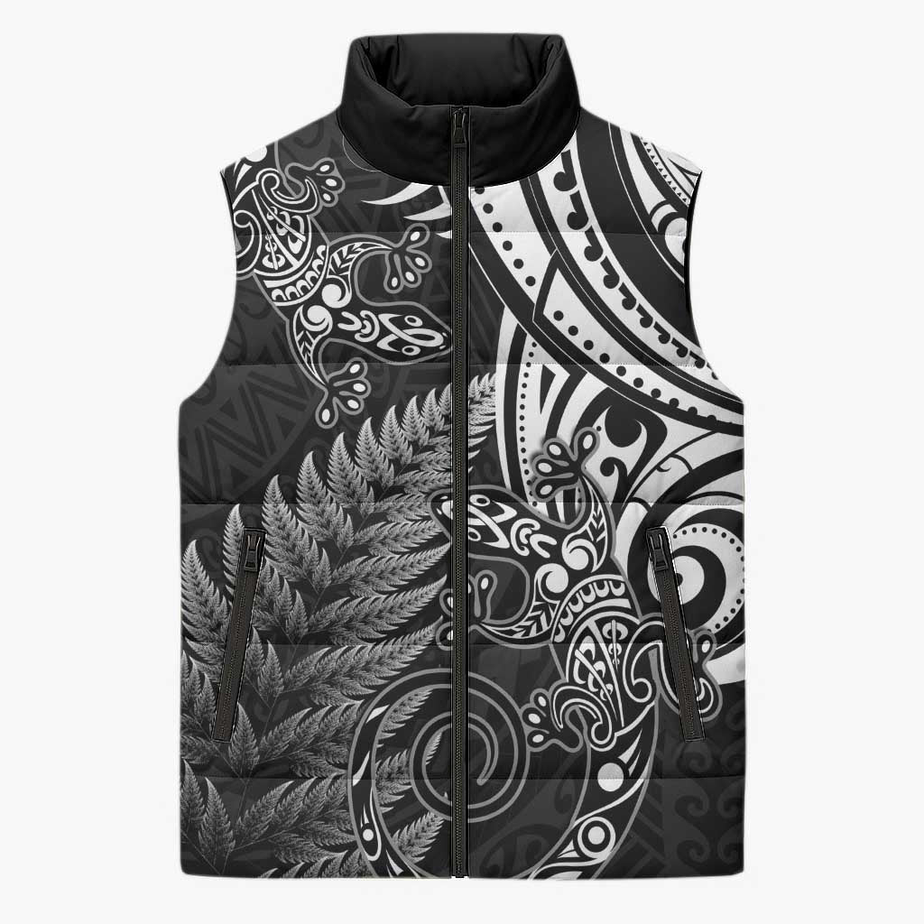 New Zealand Lizard Sleeveless Puffer Jacket Silver Fern Aotearoa Maori - Polynesian Pride