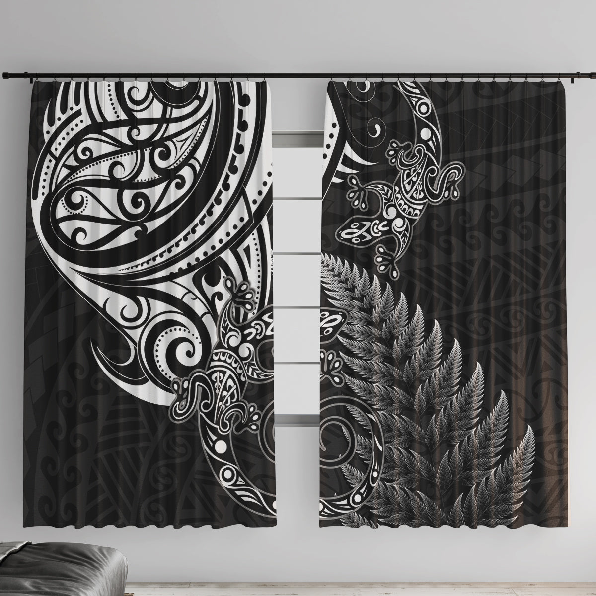 New Zealand Lizard Window Curtain Silver Fern Aotearoa Maori