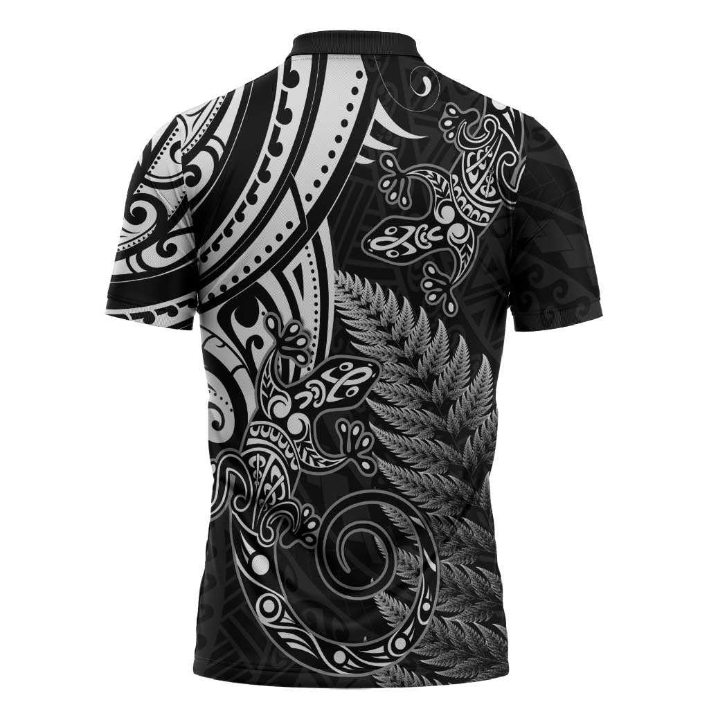 New Zealand Lizard Zipper Polo Shirt Silver Fern Aotearoa Maori - Polynesian Pride