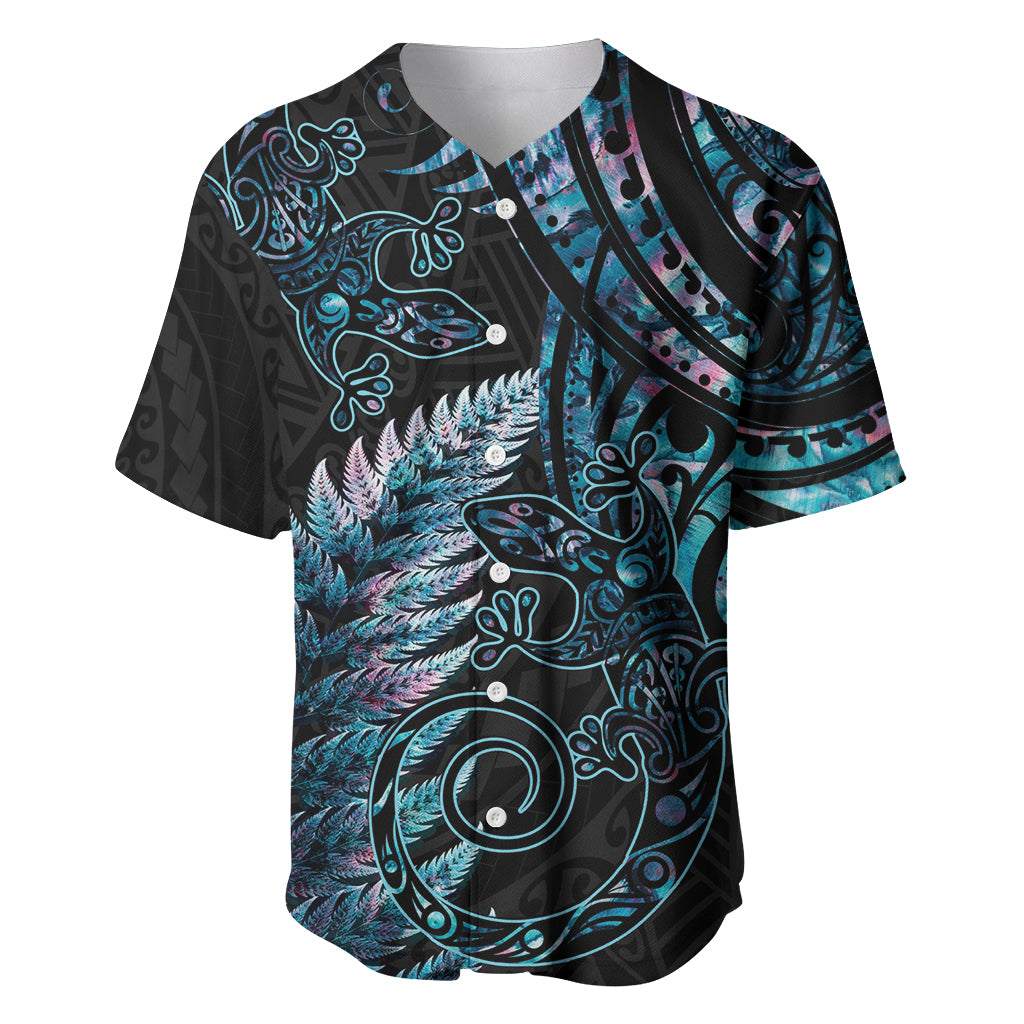 New Zealand Lizard Baseball Jersey Silver Fern Aotearoa Maori With Paua Shell LT14 Turquoise - Polynesian Pride