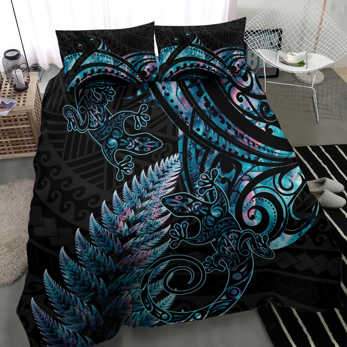 New Zealand Lizard Bedding Set Silver Fern Aotearoa Maori With Paua Shell