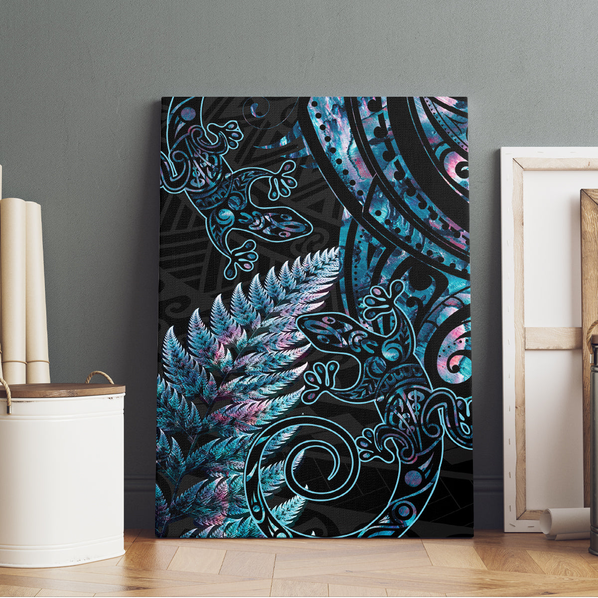 New Zealand Lizard Canvas Wall Art Silver Fern Aotearoa Maori With Paua Shell