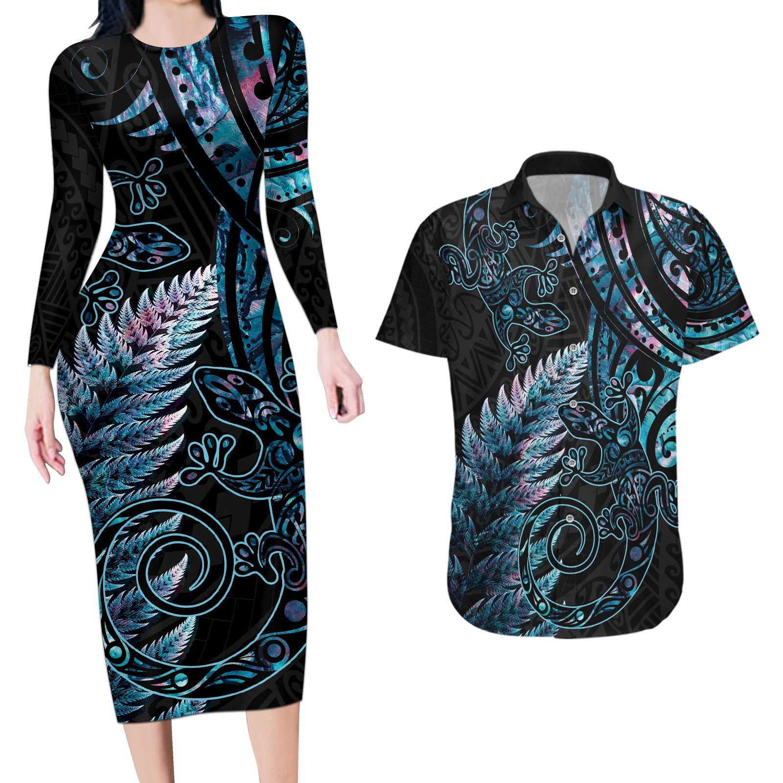 New Zealand Lizard Couples Matching Long Sleeve Bodycon Dress and Hawaiian Shirt Silver Fern Aotearoa Maori With Paua Shell LT14 Turquoise - Polynesian Pride