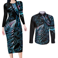 New Zealand Lizard Couples Matching Long Sleeve Bodycon Dress and Long Sleeve Button Shirt Silver Fern Aotearoa Maori With Paua Shell LT14 Turquoise - Polynesian Pride
