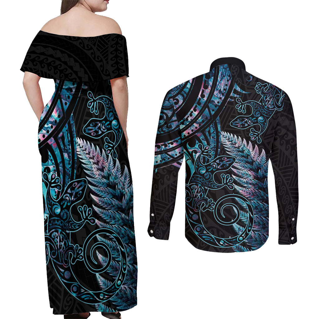 New Zealand Lizard Couples Matching Off Shoulder Maxi Dress and Long Sleeve Button Shirt Silver Fern Aotearoa Maori With Paua Shell LT14 - Polynesian Pride