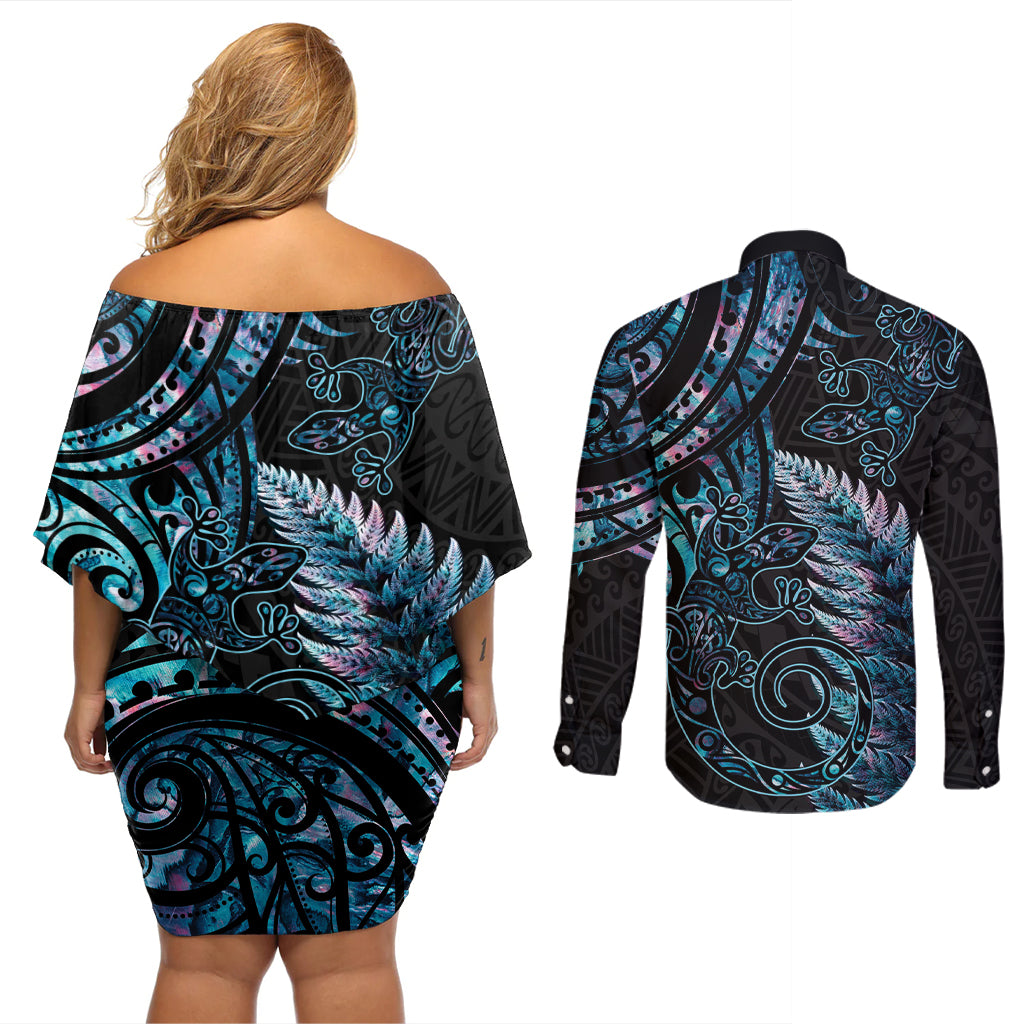 New Zealand Lizard Couples Matching Off Shoulder Short Dress and Long Sleeve Button Shirt Silver Fern Aotearoa Maori With Paua Shell LT14 - Polynesian Pride