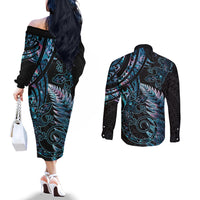 New Zealand Lizard Couples Matching Off The Shoulder Long Sleeve Dress and Long Sleeve Button Shirt Silver Fern Aotearoa Maori With Paua Shell LT14 - Polynesian Pride