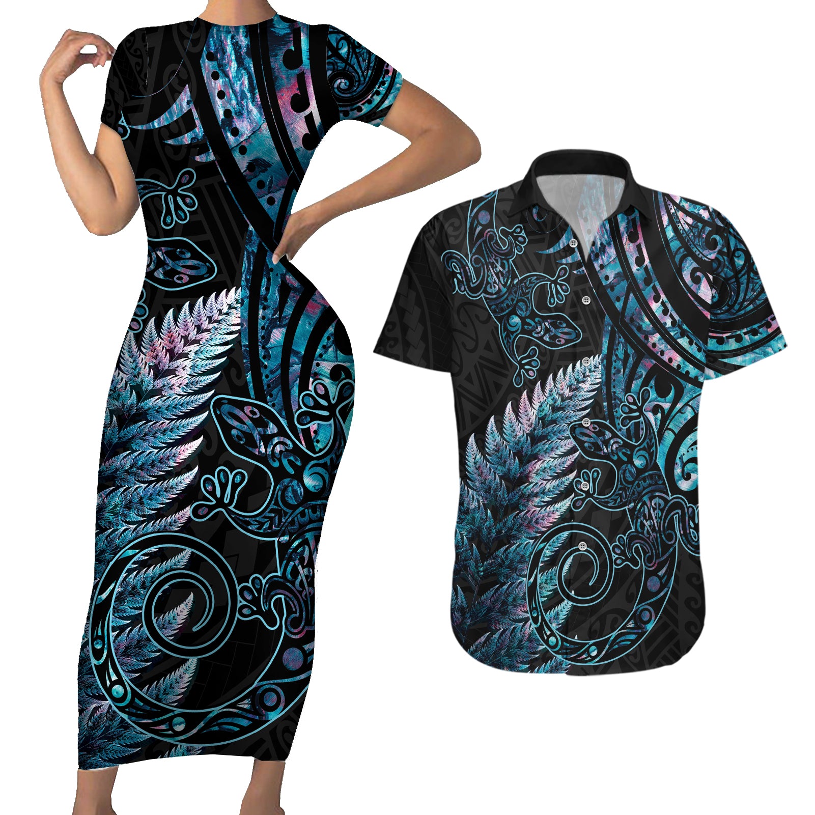 New Zealand Lizard Couples Matching Short Sleeve Bodycon Dress and Hawaiian Shirt Silver Fern Aotearoa Maori With Paua Shell LT14 Turquoise - Polynesian Pride