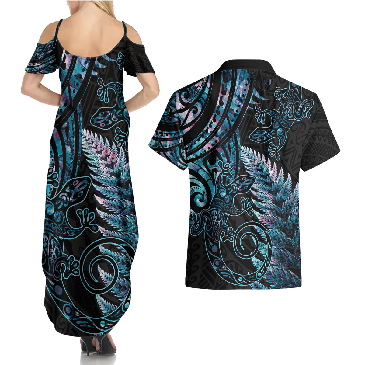 New Zealand Lizard Couples Matching Summer Maxi Dress and Hawaiian Shirt Silver Fern Aotearoa Maori With Paua Shell LT14 - Polynesian Pride