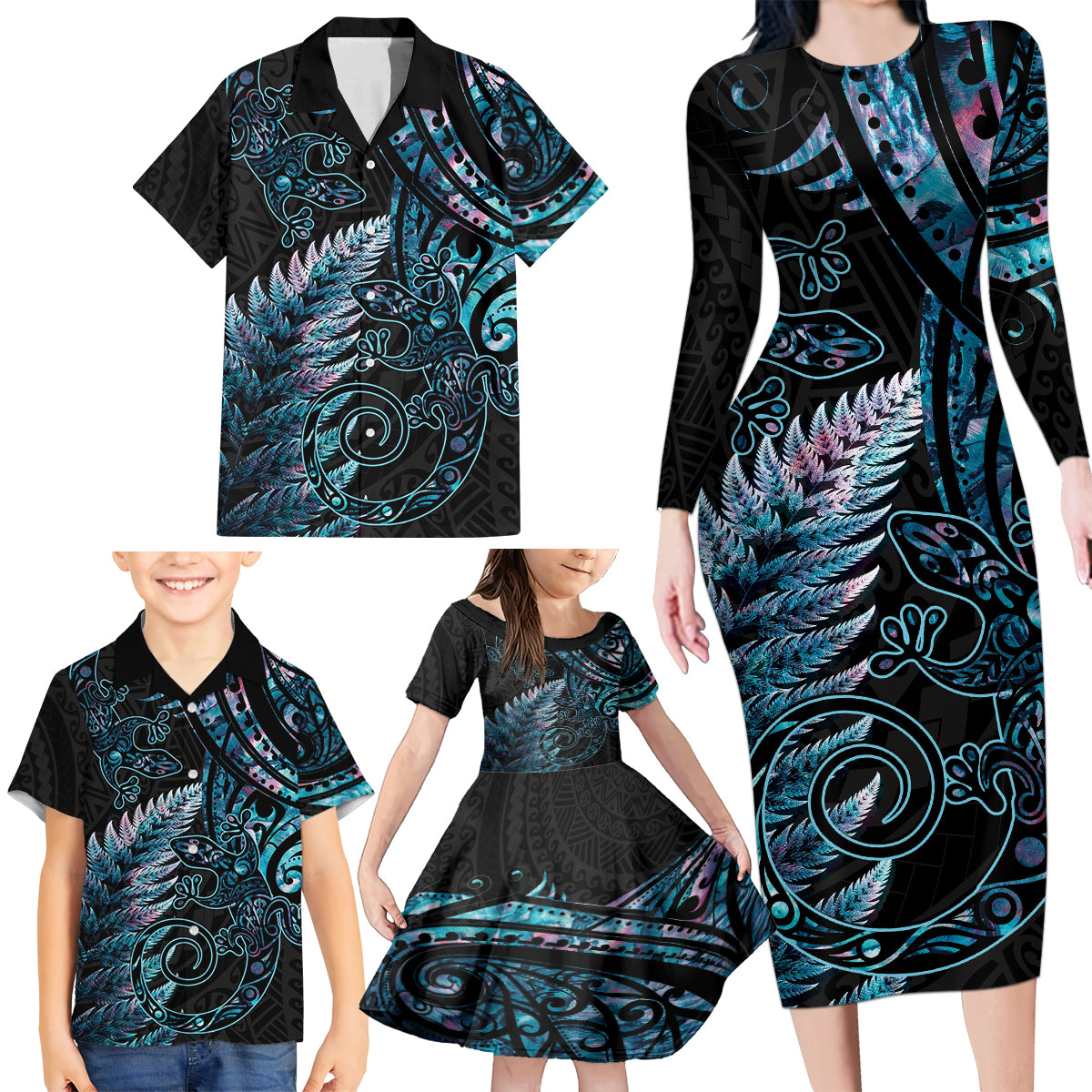 New Zealand Lizard Family Matching Long Sleeve Bodycon Dress and Hawaiian Shirt Silver Fern Aotearoa Maori With Paua Shell LT14 - Polynesian Pride