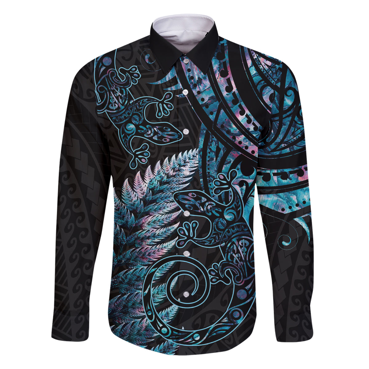 New Zealand Lizard Family Matching Long Sleeve Bodycon Dress and Hawaiian Shirt Silver Fern Aotearoa Maori With Paua Shell LT14 Dad's Shirt - Long Sleeve Turquoise - Polynesian Pride