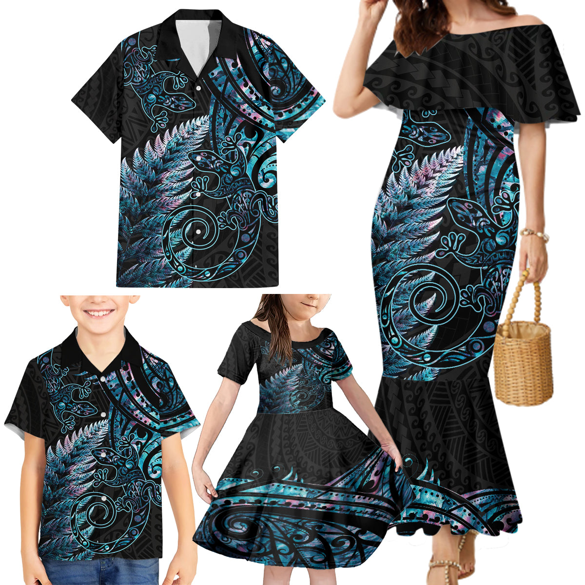 New Zealand Lizard Family Matching Mermaid Dress and Hawaiian Shirt Silver Fern Aotearoa Maori With Paua Shell LT14 - Polynesian Pride