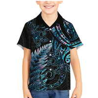 New Zealand Lizard Family Matching Mermaid Dress and Hawaiian Shirt Silver Fern Aotearoa Maori With Paua Shell LT14 Son's Shirt Turquoise - Polynesian Pride