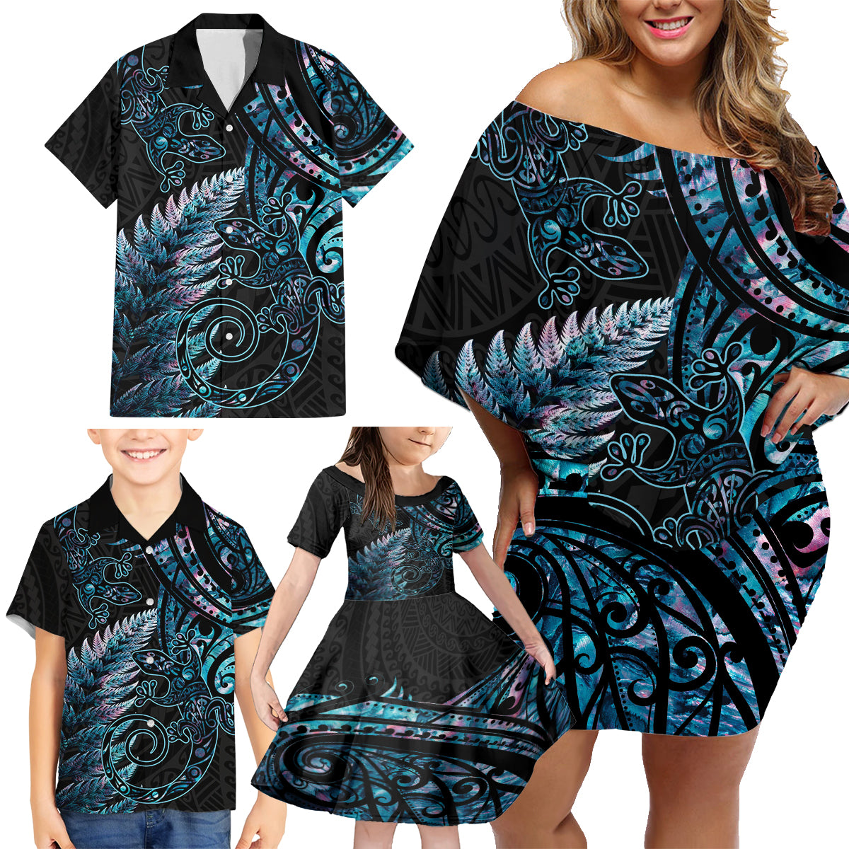 New Zealand Lizard Family Matching Off Shoulder Short Dress and Hawaiian Shirt Silver Fern Aotearoa Maori With Paua Shell LT14 - Polynesian Pride