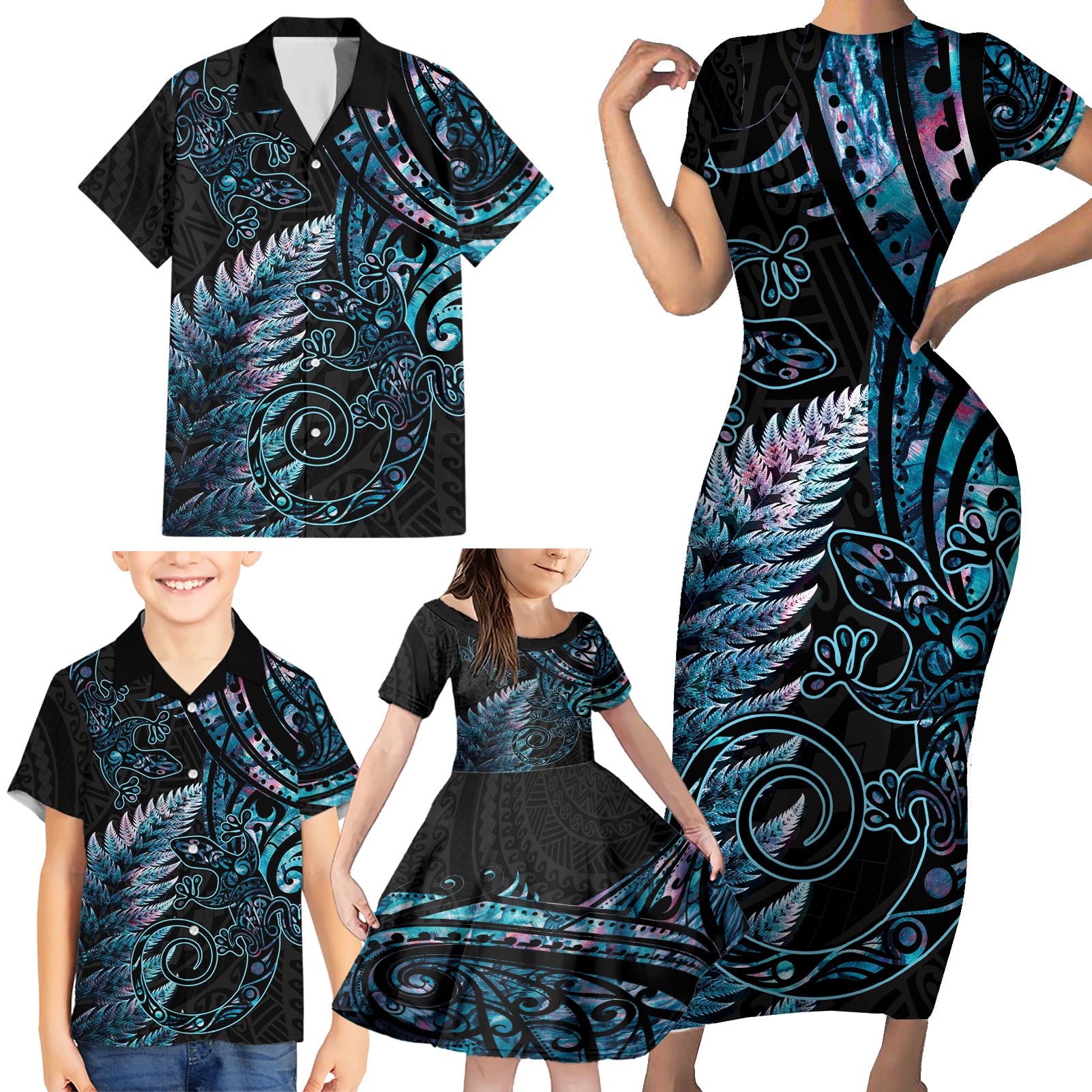 New Zealand Lizard Family Matching Short Sleeve Bodycon Dress and Hawaiian Shirt Silver Fern Aotearoa Maori With Paua Shell LT14 - Polynesian Pride