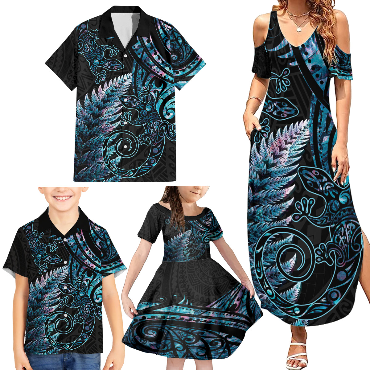 New Zealand Lizard Family Matching Summer Maxi Dress and Hawaiian Shirt Silver Fern Aotearoa Maori With Paua Shell LT14 - Polynesian Pride