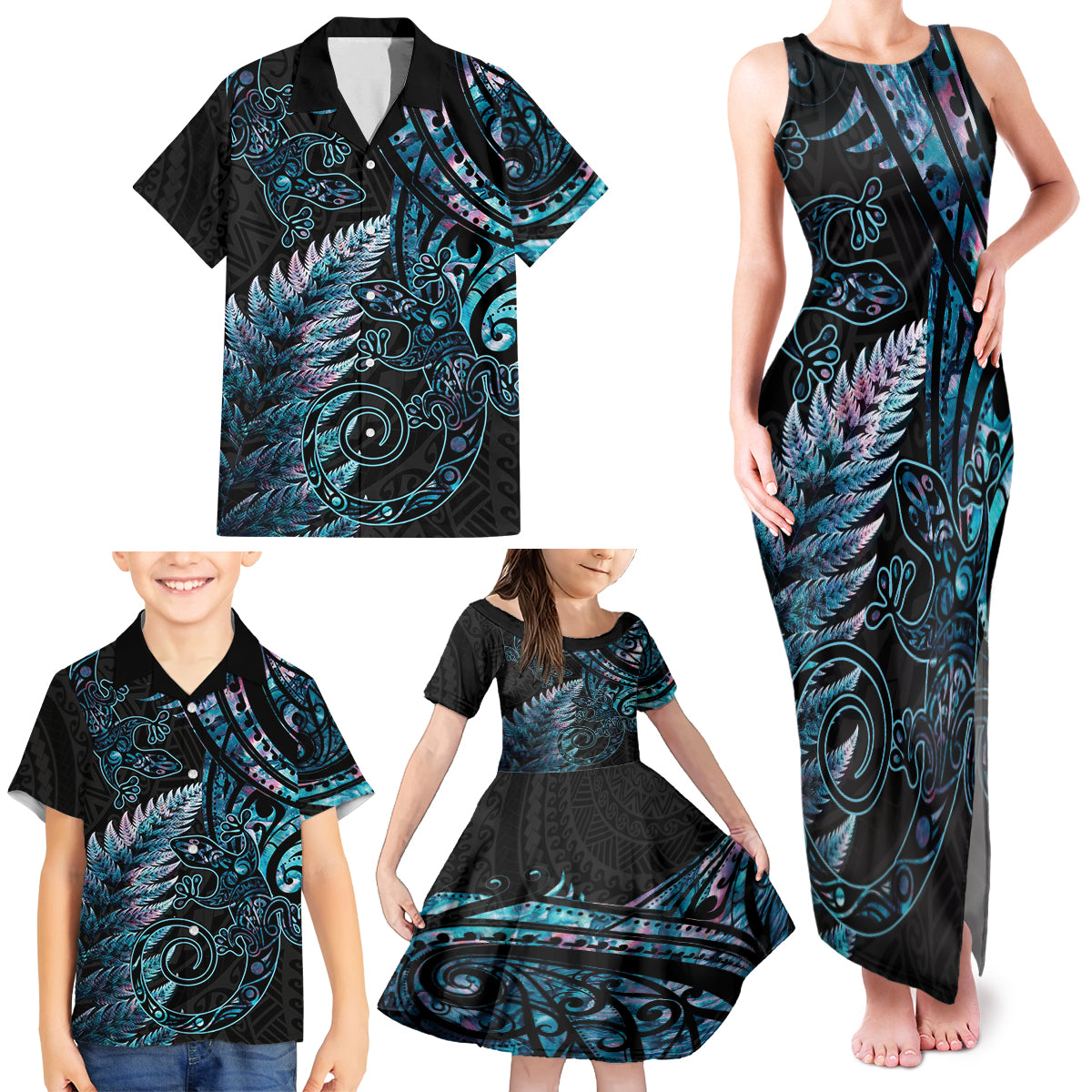 New Zealand Lizard Family Matching Tank Maxi Dress and Hawaiian Shirt Silver Fern Aotearoa Maori With Paua Shell LT14 - Polynesian Pride