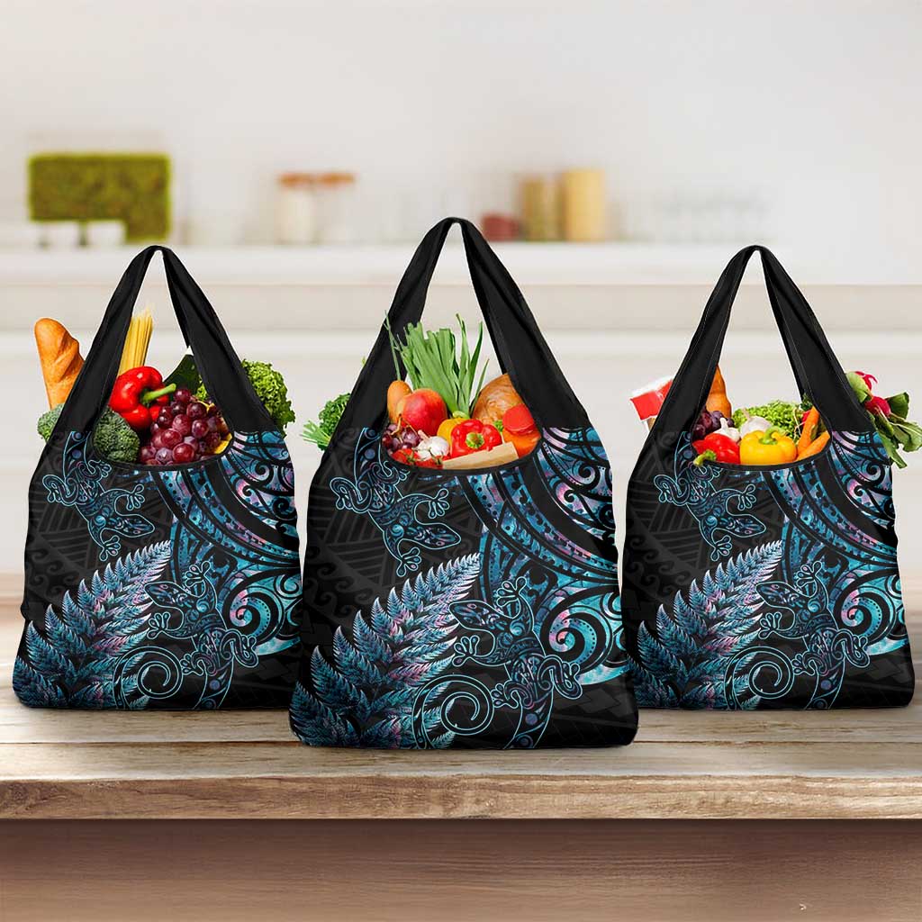 New Zealand Lizard Grocery Bag Silver Fern Aotearoa Maori With Paua Shell LT14 3-pack One Size Turquoise - Polynesian Pride