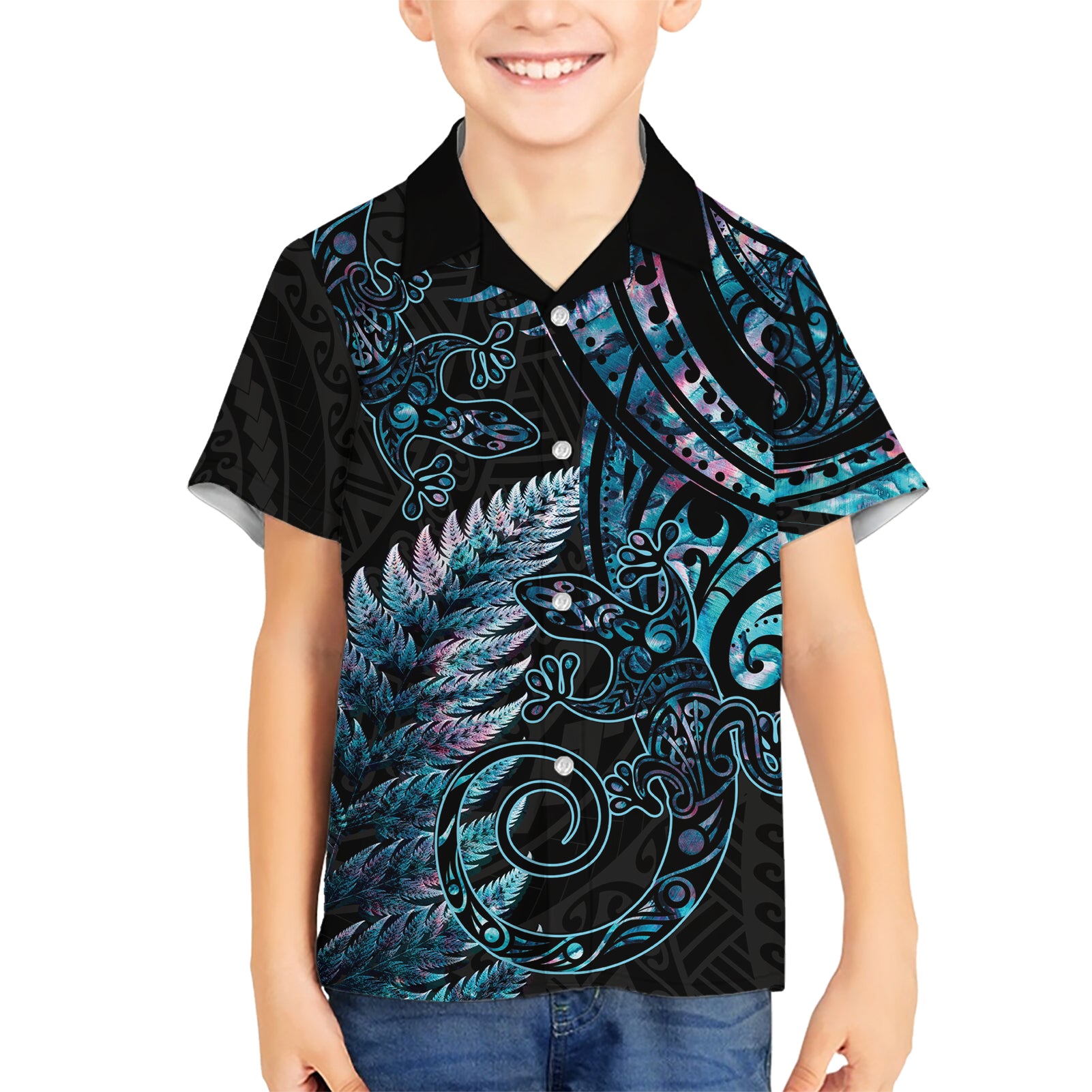 New Zealand Lizard Kid Hawaiian Shirt Silver Fern Aotearoa Maori With Paua Shell LT14 Kid Turquoise - Polynesian Pride