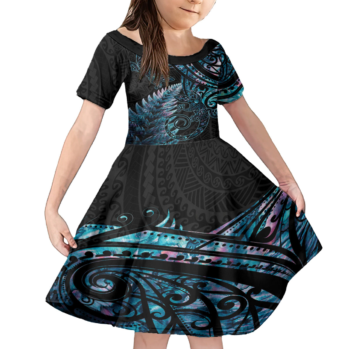 New Zealand Lizard Kid Short Sleeve Dress Silver Fern Aotearoa Maori With Paua Shell LT14 KID Turquoise - Polynesian Pride