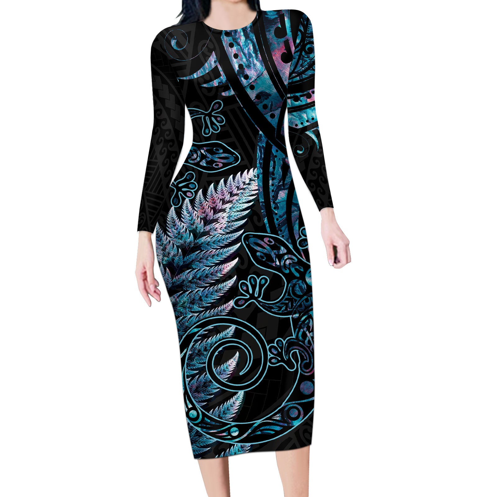 New Zealand Lizard Long Sleeve Bodycon Dress Silver Fern Aotearoa Maori With Paua Shell LT14 Long Dress Turquoise - Polynesian Pride