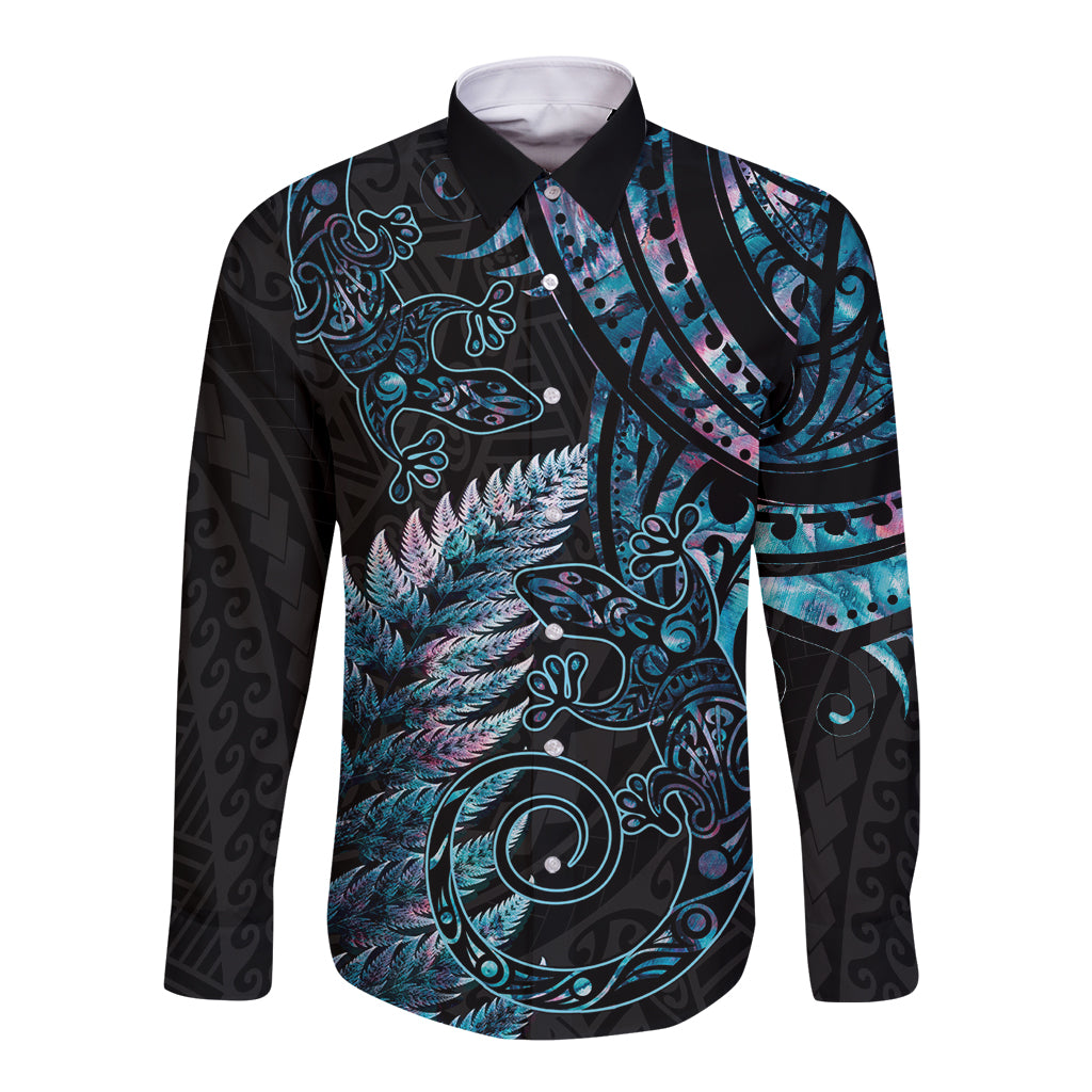 New Zealand Lizard Long Sleeve Button Shirt Silver Fern Aotearoa Maori With Paua Shell LT14 Unisex Turquoise - Polynesian Pride