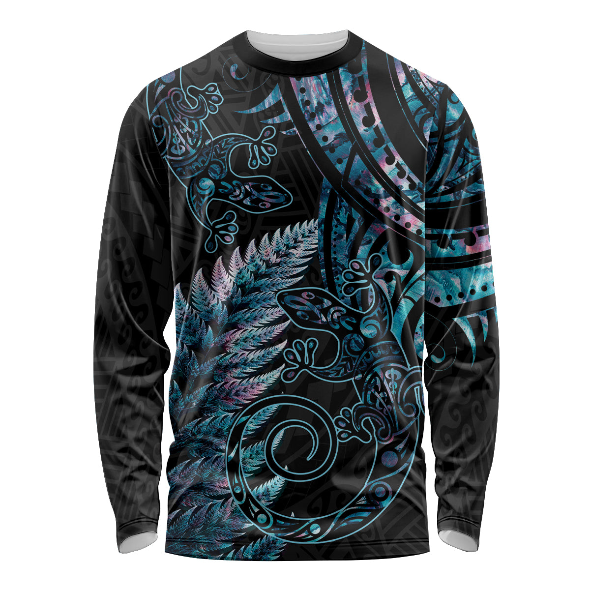 New Zealand Lizard Long Sleeve Shirt Silver Fern Aotearoa Maori With Paua Shell LT14 Unisex Turquoise - Polynesian Pride