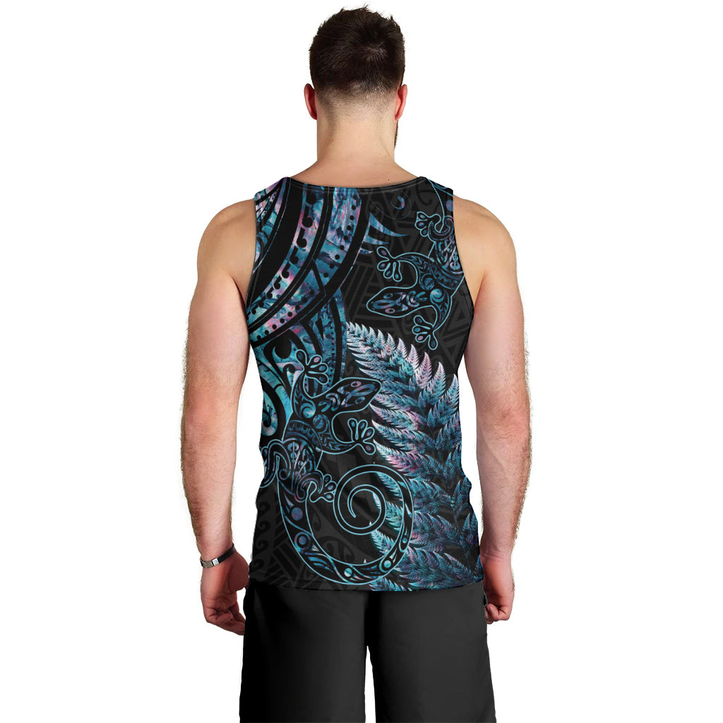 New Zealand Lizard Men Tank Top Silver Fern Aotearoa Maori With Paua Shell LT14 - Polynesian Pride
